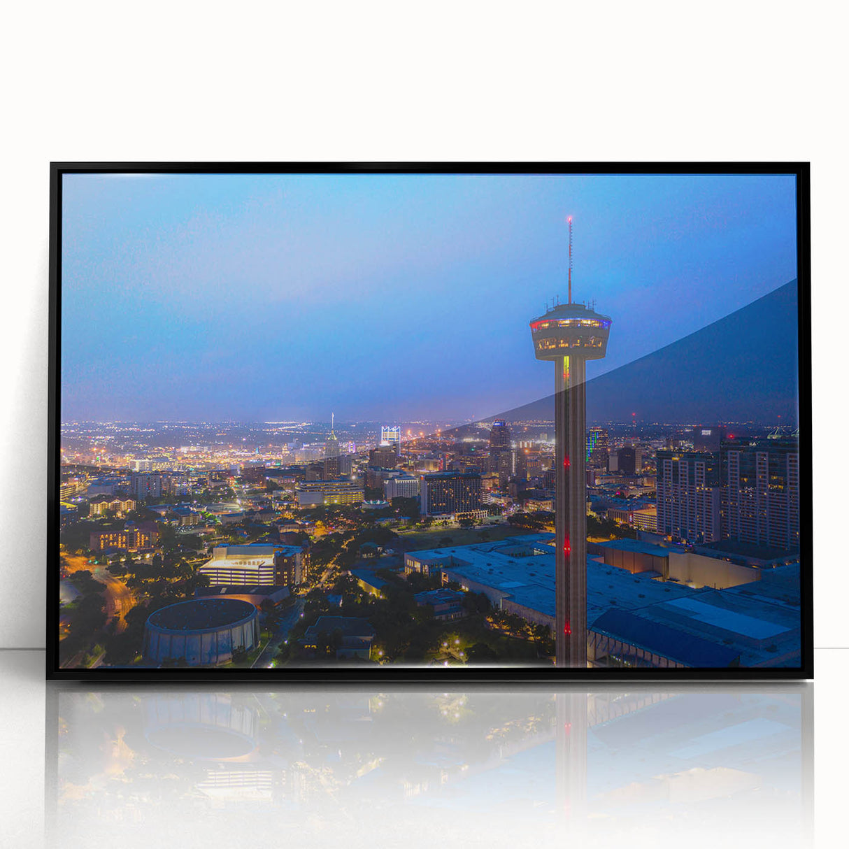 Large abstract wall art depicting the San Antonio skyline in muted earth tones on a framed acrylic panel.