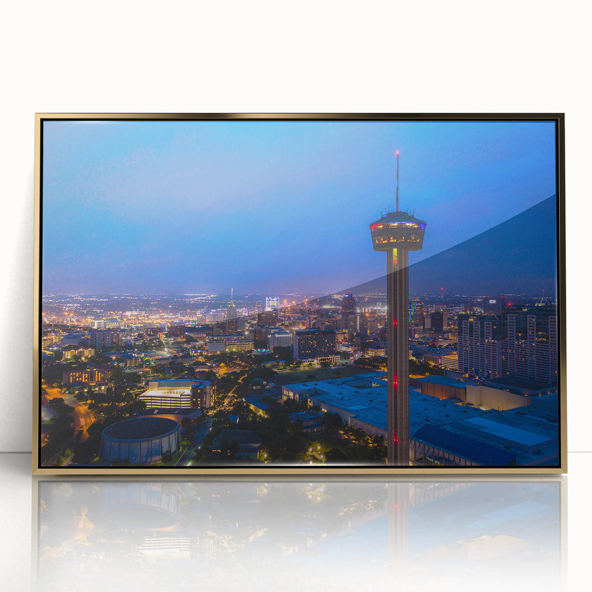Acrylic print of San Antonio skyline with mid-century modernist style in gold tones, ideal for modern art wall decor.