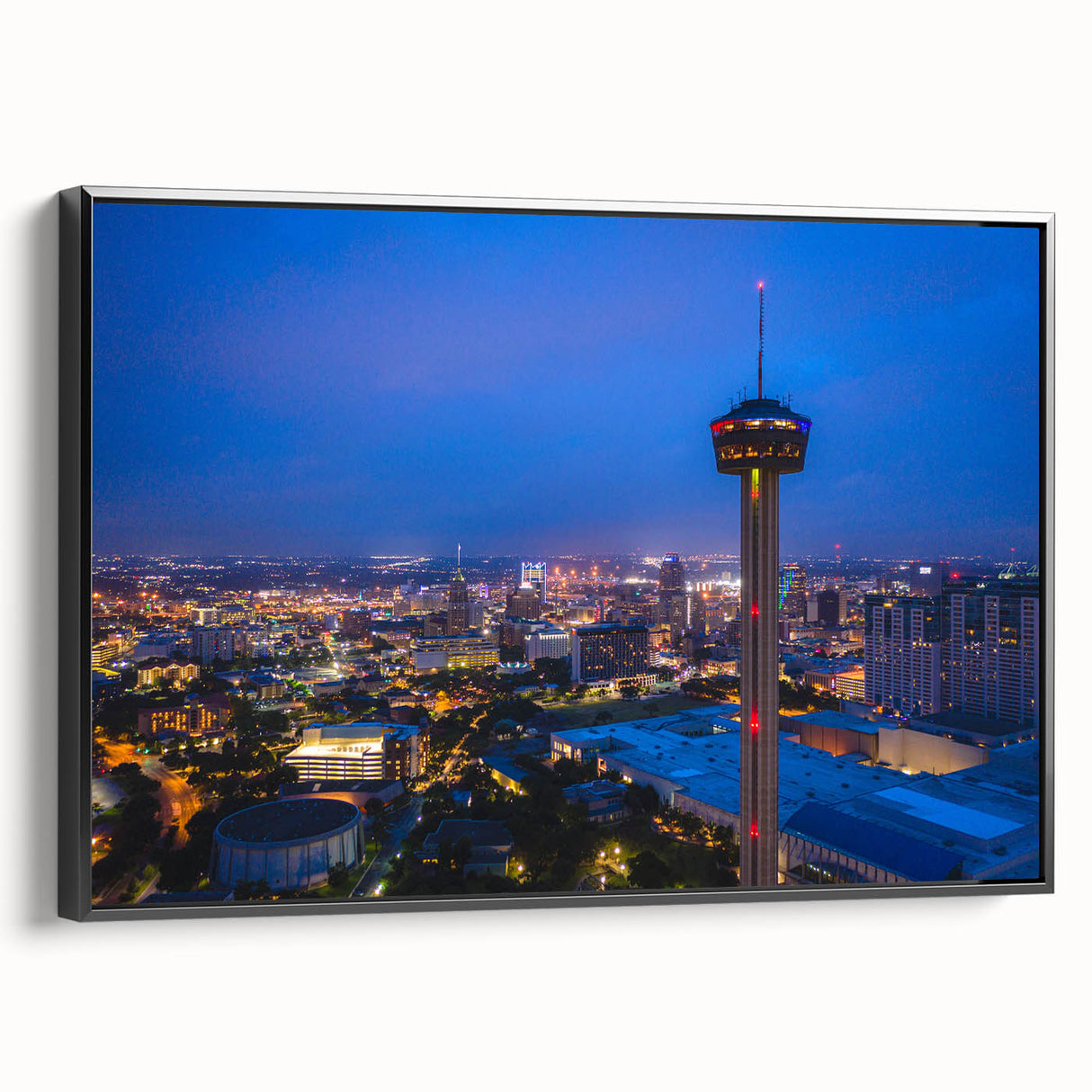 Black and white framed canvas of San Antonio landscape, ideal for bedroom wall art.