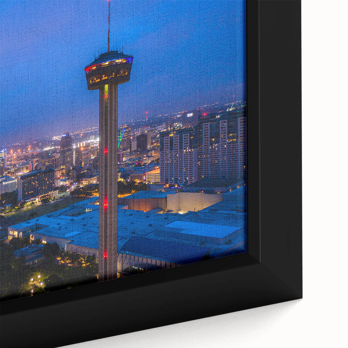 Extra large framed canvas featuring a textured depiction of the San Antonio skyline in black with colorful accents.