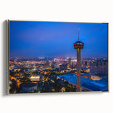 Framed canvas landscape art painting of San Antonio skyline with colorful and black vintage poster art style.
