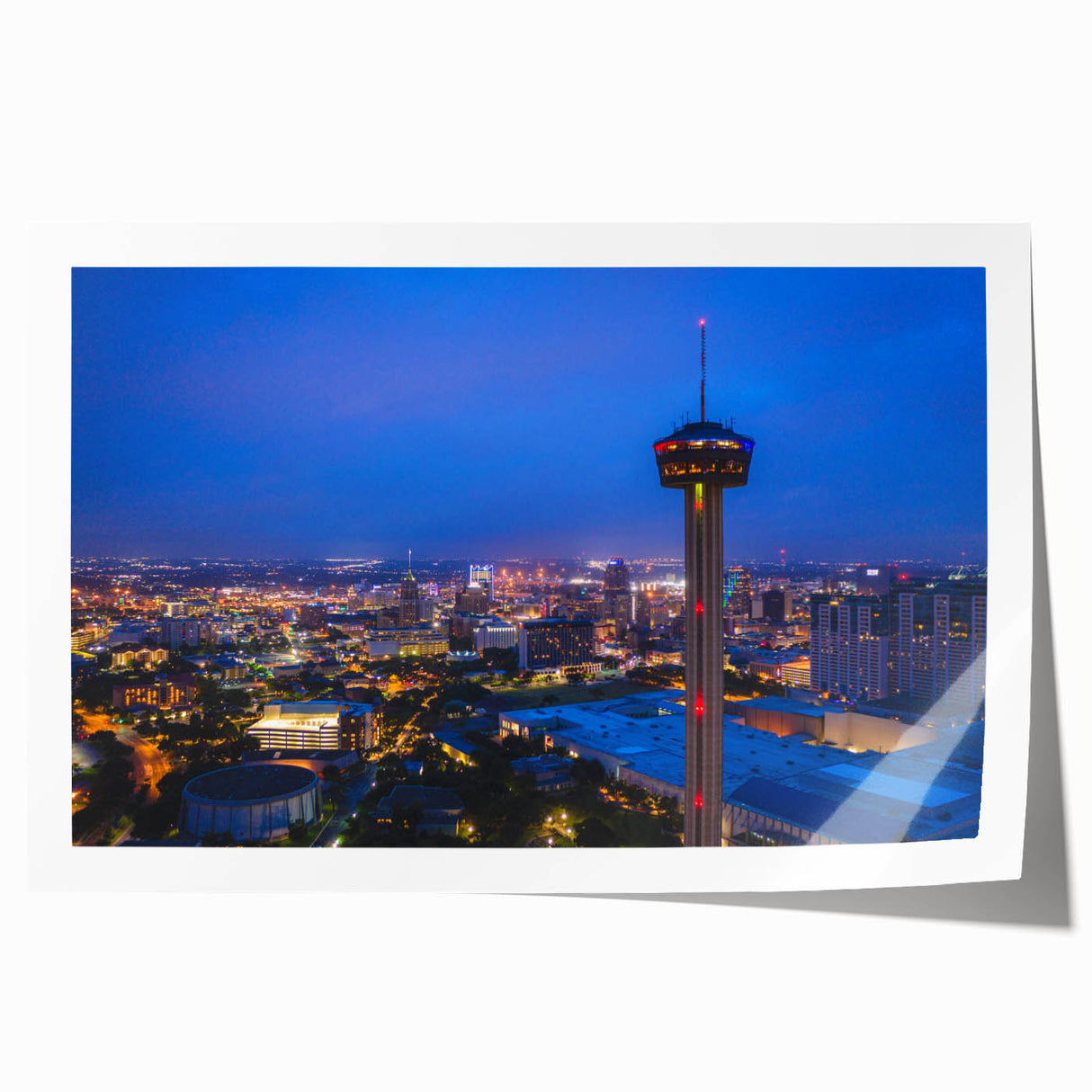 Rolled print of San Antonio scenery with floral elements in muted earth tones, ideal for art wall dining room.