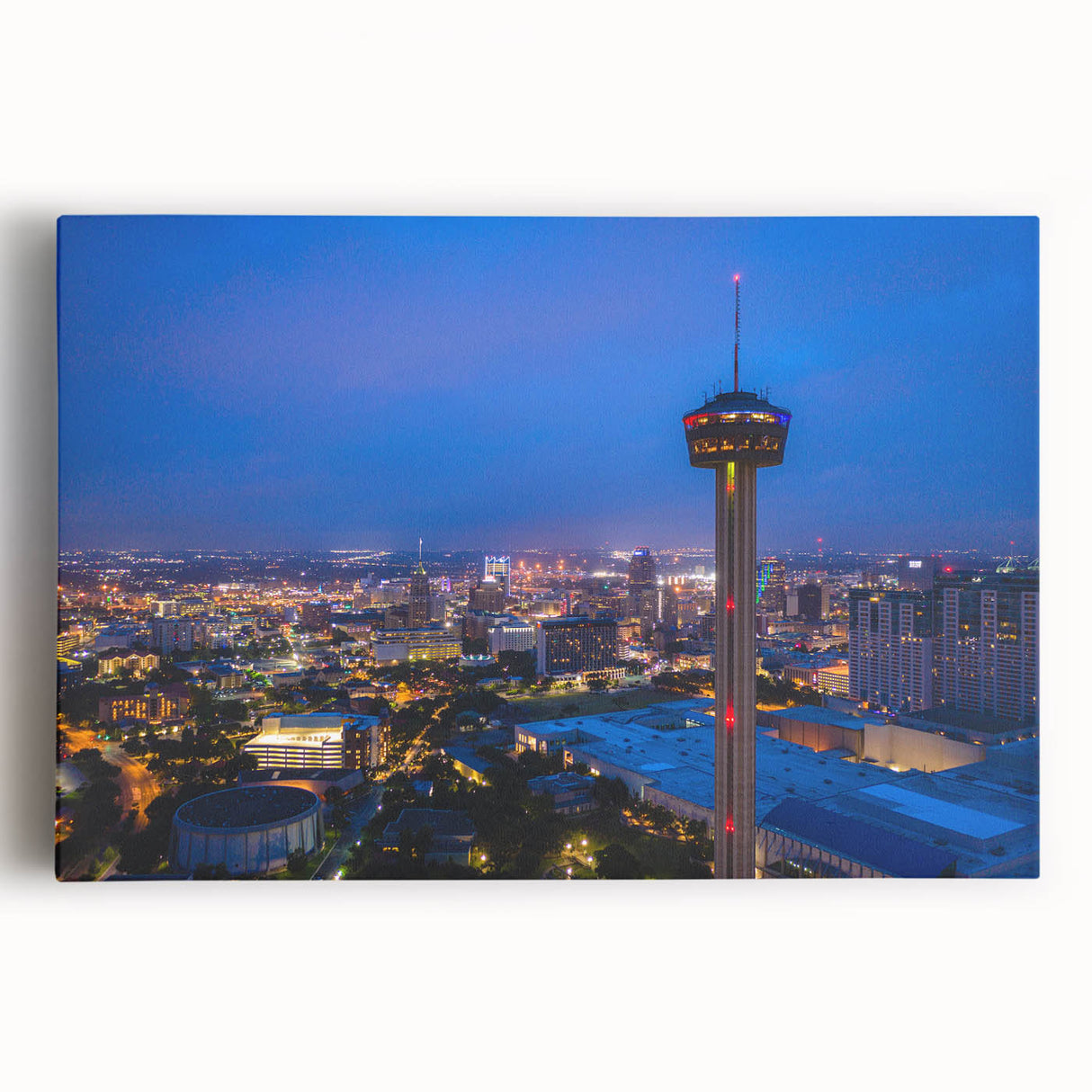 Black and white stretched canvas of the San Antonio skyline, ideal for kitchen wall art.