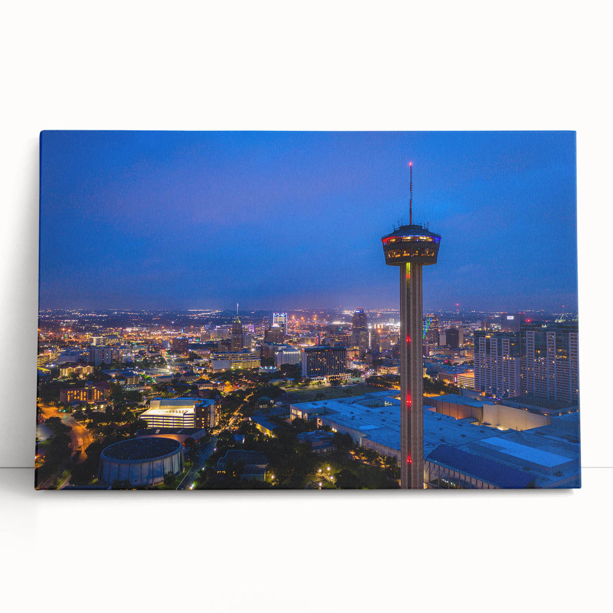 Black and white photograph of San Antonio skyline on stretched canvas.