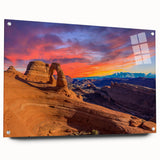 Acrylic print of Arches National Park in Utah, featuring natural red rock formations under a clear sky.