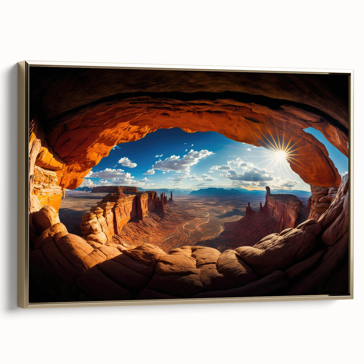 Framed canvas featuring a vintage-style landscape painting of Canyonlands, Utah, in earthy tones, ideal for bedroom wall art.