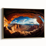 Framed canvas featuring a vintage-style landscape painting of Canyonlands, Utah, in earthy tones, ideal for bedroom wall art.