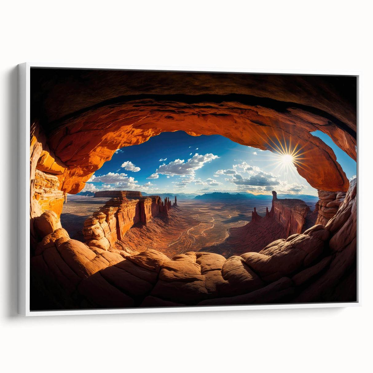 Vintage poster art of Canyonlands with vivid orange and blue tones on a framed canvas, suitable for living room decor.