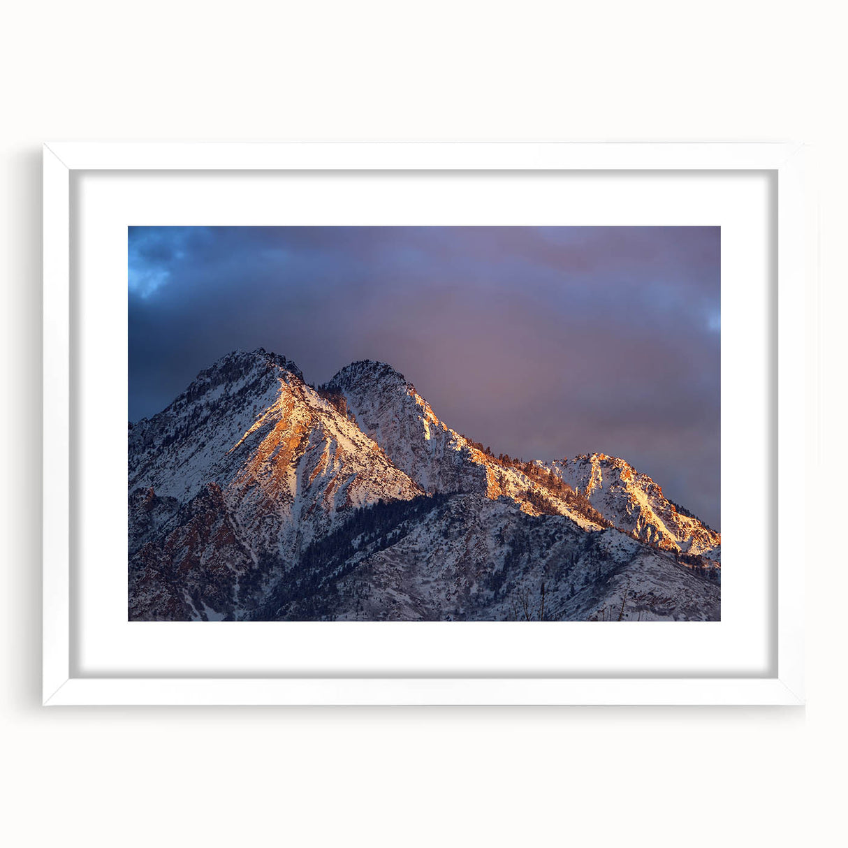 Abstract art print of Salt Lake City with muted blue and gray tones on a white framed mat, ideal for dining room decor.