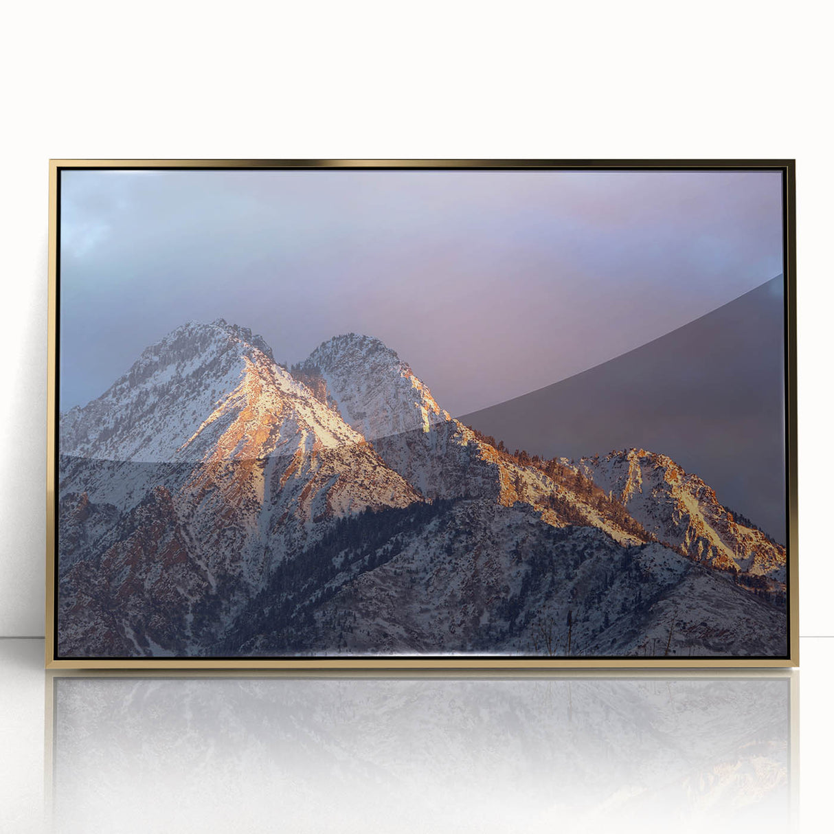 Mid-century modernist art of Salt Lake City skyline in gold tones on framed acrylic, suitable for modern art wall decor.