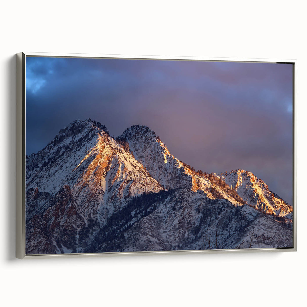 Landscape art painting of Salt Lake City with colorful sky on silver-framed canvas, ideal for office decor.