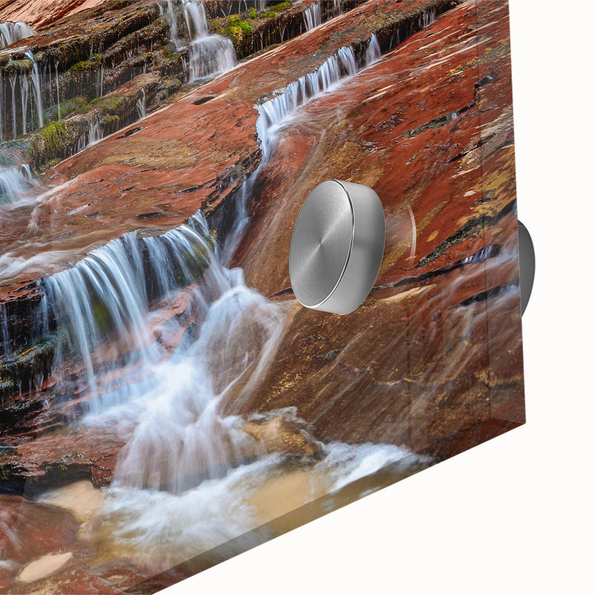 Large abstract depiction of Zion National Park in muted earth tones on acrylic glass, suitable for dining room art.