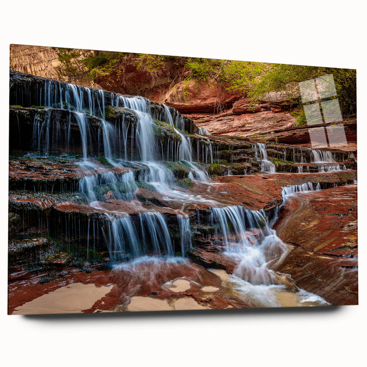 Large abstract depiction of Zion National Park in muted earth tones on acrylic glass, ideal for bedroom or dining room art.