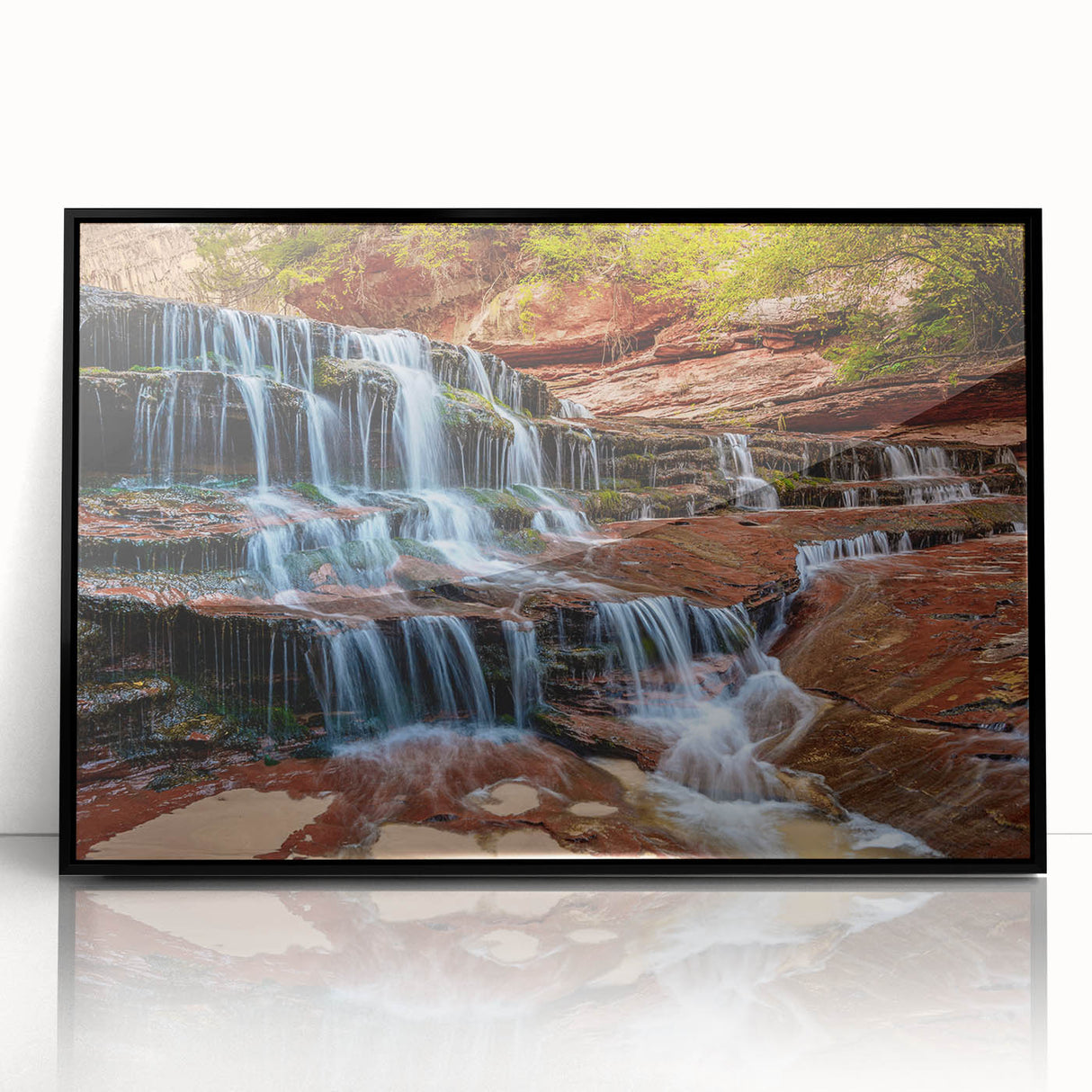 Large abstract wall art of Zion National Park in muted earth tones on framed acrylic, ideal for modern living room decor.