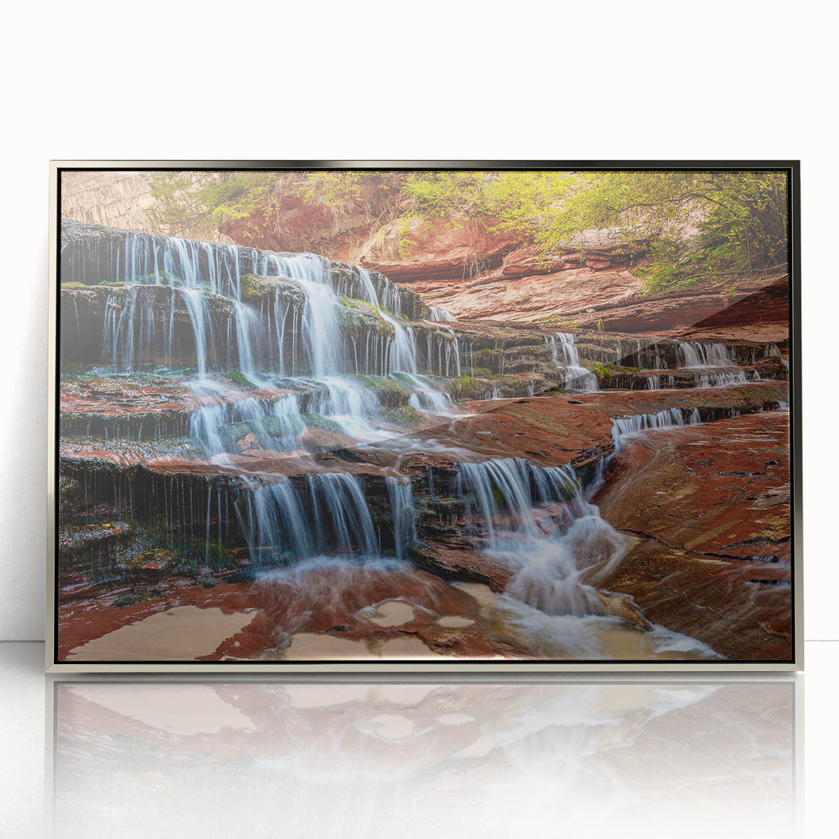 Mid-century modernist art depicting Zion National Park in muted earth tones on a framed acrylic print.