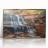 Mid-century modernist art depicting Zion National Park in muted earth tones on a framed acrylic print.
