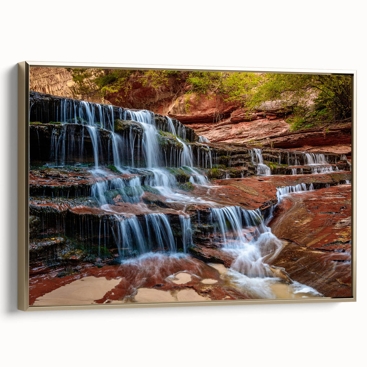 Framed canvas featuring a vintage-style landscape painting of Zion National Park in muted earth tones.