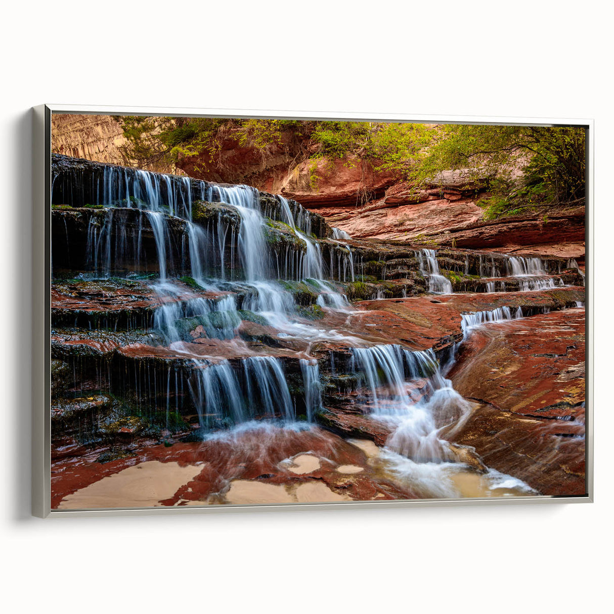 Landscape art painting of Zion National Park on a framed canvas, featuring vibrant earth tones, ideal for living room decor.
