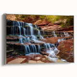 Landscape art painting of Zion National Park on a framed canvas, featuring vibrant earth tones, ideal for living room decor.