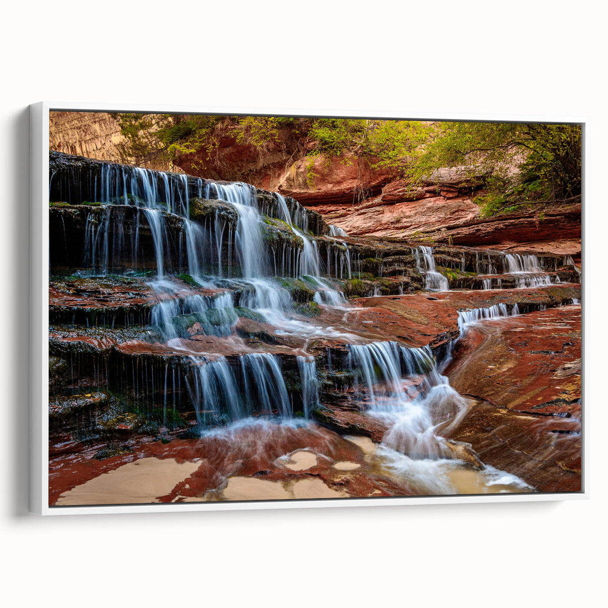 Vintage poster art of Zion National Park in colorful hues on a large framed canvas, ideal for living room decor.