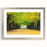 Textured abstract art print of Virginia scenery in muted greens and blues, framed with a silver mat.