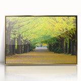 Acrylic print of a Virginia landscape featuring mid-century modernist style in gold and green tones.