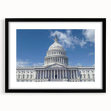 Colorful abstract art print of the Washington DC Capitol, in a black frame with mat, ideal for living room decor.