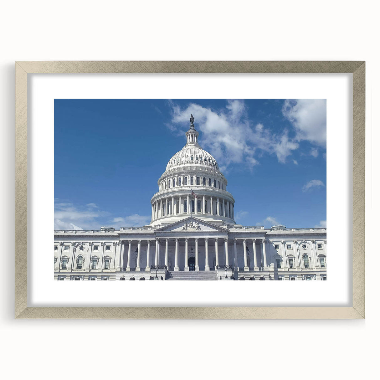 Textured art print of Washington DC Capitol in abstract style with neutral and gray tones, framed in silver.