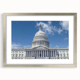 Textured art print of Washington DC Capitol in abstract style with neutral and gray tones, framed in silver.