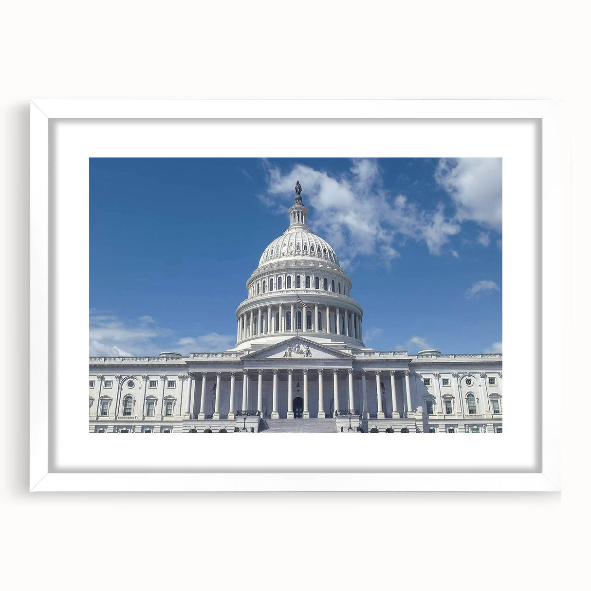 Abstract art print of the Washington D.C. Capitol in muted gray tones on a white framed poster, ideal for dining room decor.