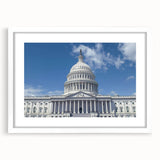 Abstract art print of the Washington D.C. Capitol in muted gray tones on a white framed poster, ideal for dining room decor.