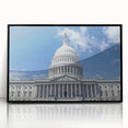 Large abstract wall art of Washington D.C. Capitol in muted grays and blues on framed acrylic, ideal for modern office decor.