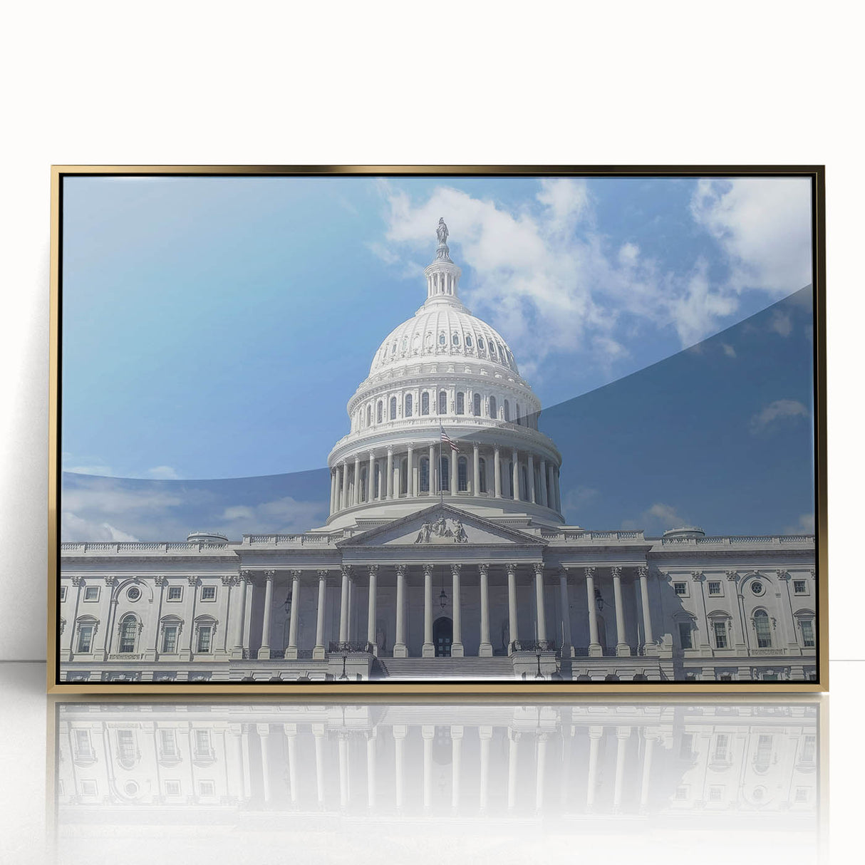 Acrylic print of Washington D.C. Capitol with gold frame in mid-century modernist style, suited for modern art wall decor.