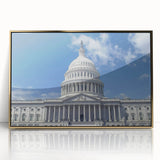 Acrylic print of Washington D.C. Capitol with gold frame in mid-century modernist style, suited for modern art wall decor.