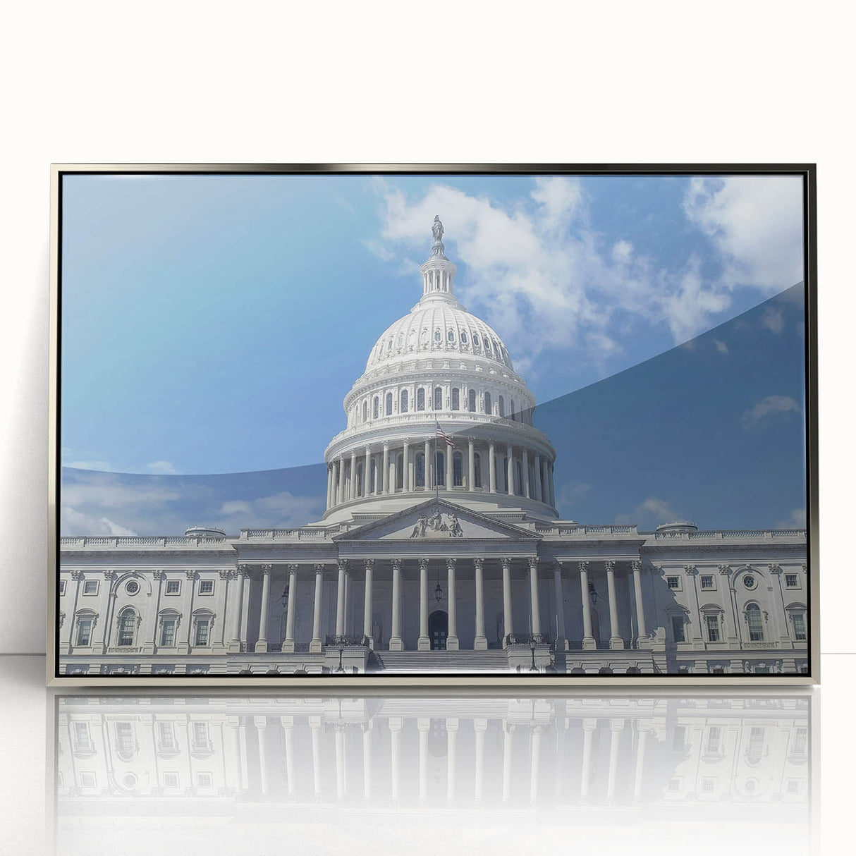 Mid-century modernist art of the Washington DC Capitol in silver hues, acrylic framed, ideal for modern art wall decor.