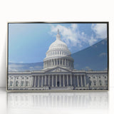 Mid-century modernist art of the Washington DC Capitol in silver hues, acrylic framed, ideal for modern art wall decor.