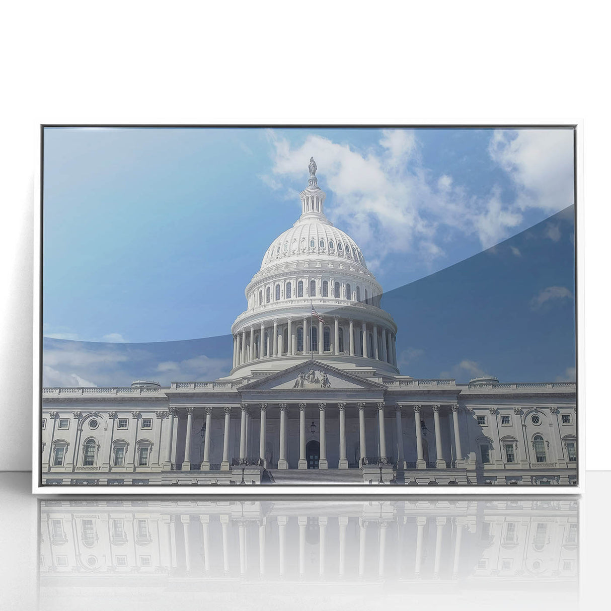 Acrylic print of Washington DC Capitol in art deco style with soft white frame, suitable for modern nursery wall decor.