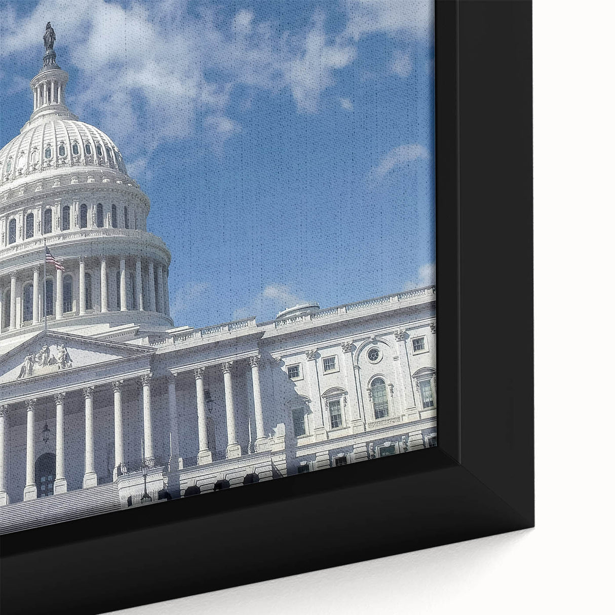 Framed canvas of the U.S. Capitol in black with colorful, textured brushstrokes, suitable for large living room walls.