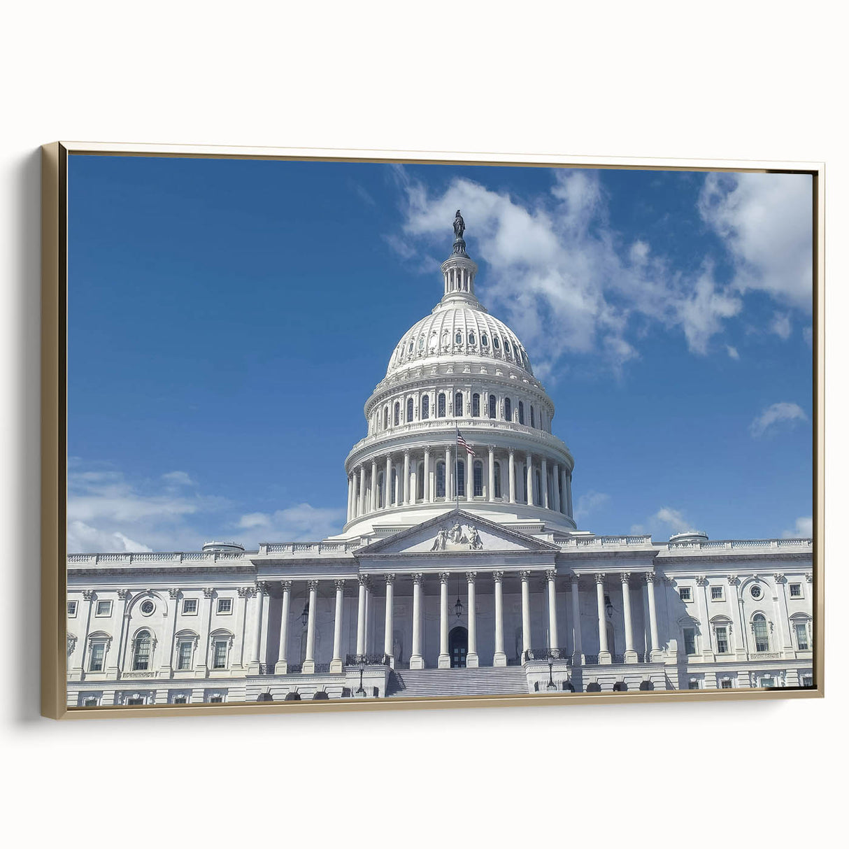 Framed canvas of Washington D.C. Capitol with vintage poster art style in black and gold tones, ideal for bedroom wall art.