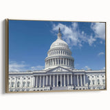 Framed canvas of Washington D.C. Capitol with vintage poster art style in black and gold tones, ideal for bedroom wall art.