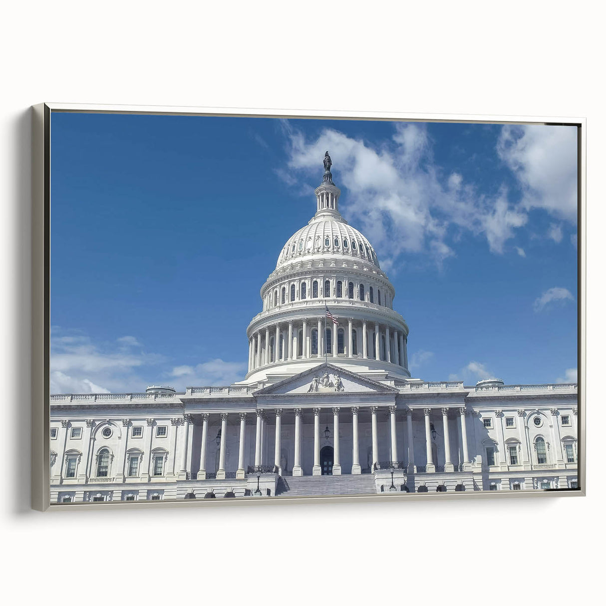 Landscape art painting of the Washington DC Capitol in colorful hues on a framed canvas, suitable for office decor.