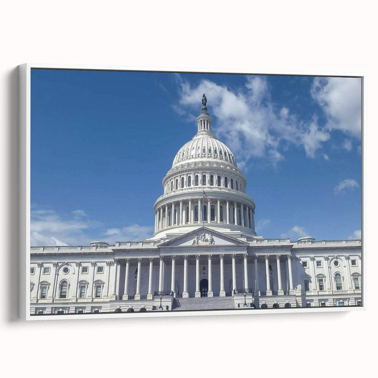 Vintage poster art of the Washington DC Capitol in muted colors on a large framed canvas, ideal for living room decor.