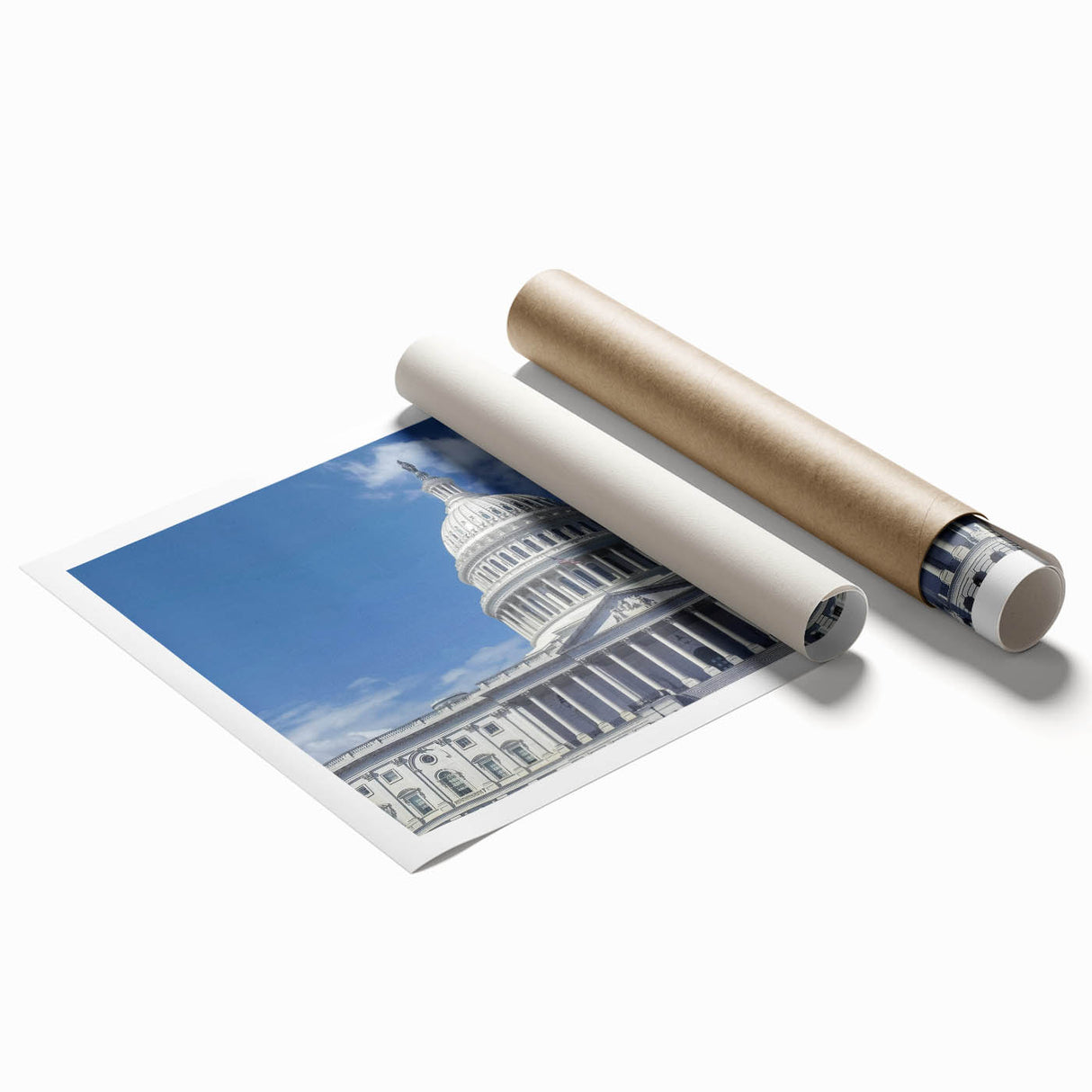 Extra large rolled print depicting the Washington DC Capitol surrounded by pink cherry blossoms.