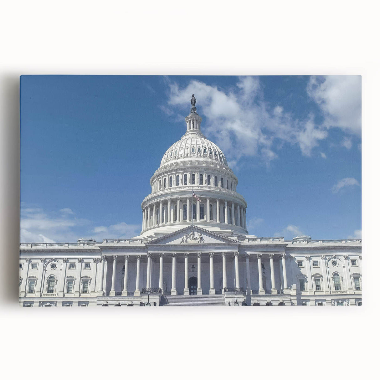 Black and white print of the Washington DC Capitol on stretched canvas, ideal for kitchen wall art.