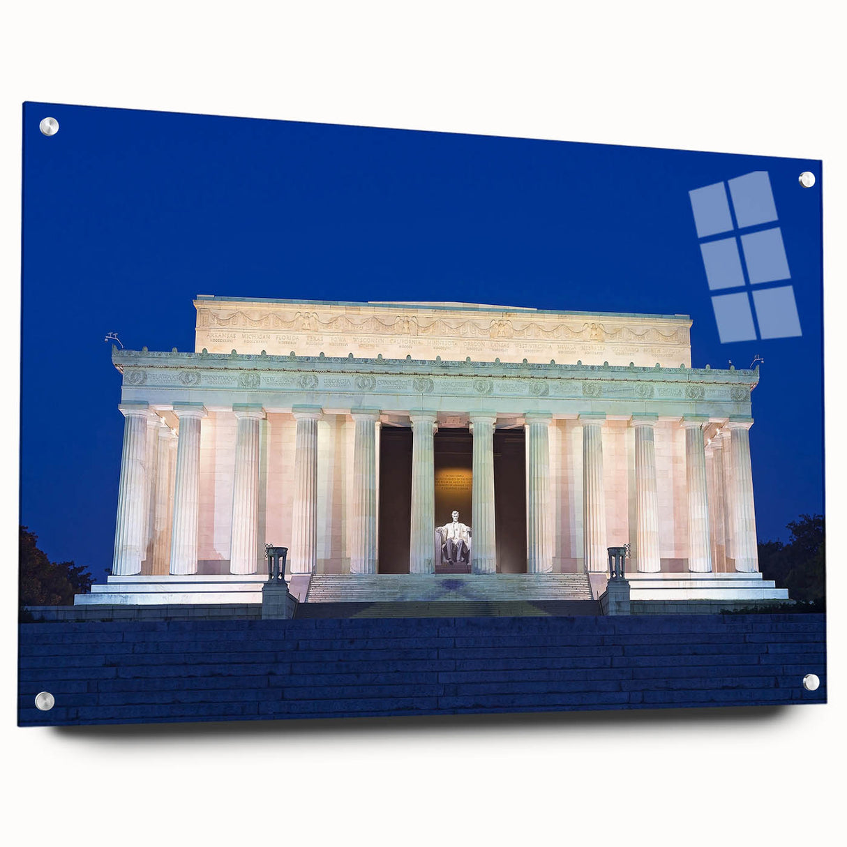 Acrylic print of the Washington D.C. Lincoln Memorial in muted gray tones, ideal for bedroom or dining room decor.