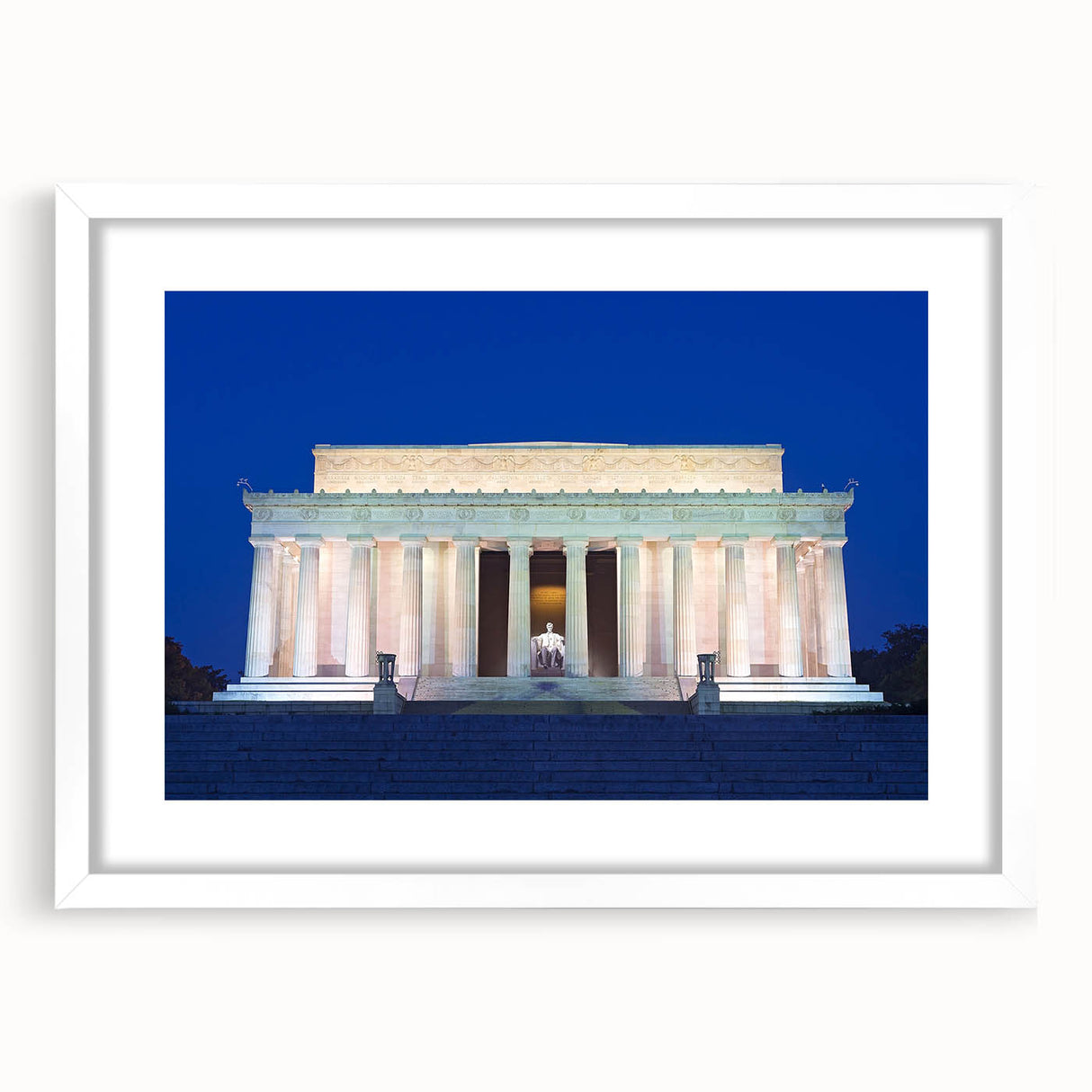 Abstract art print of the Washington DC skyline in muted gray tones on a framed white mat.