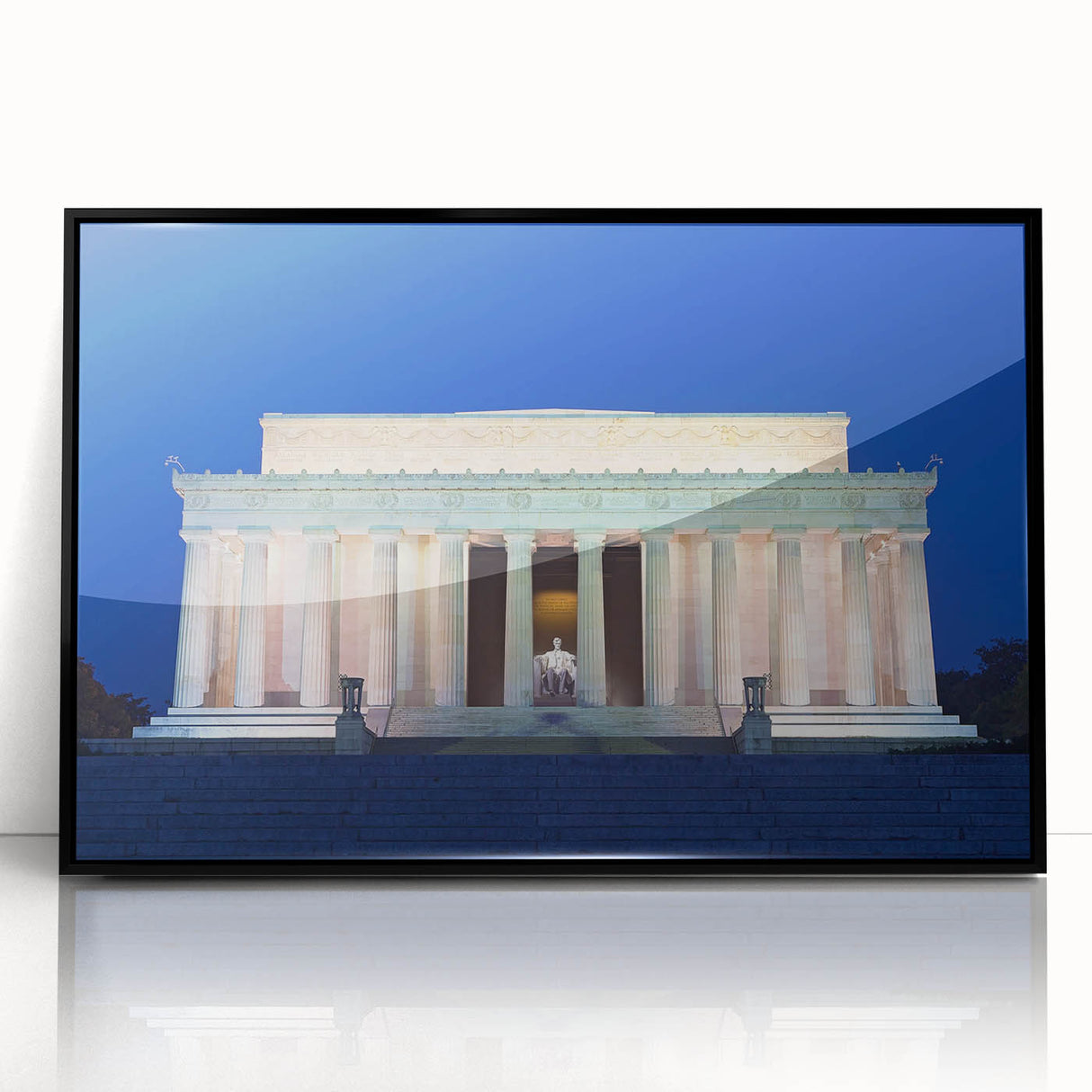 Large abstract wall art depicting the Washington DC Lincoln Memorial in muted gray tones on a framed acrylic.