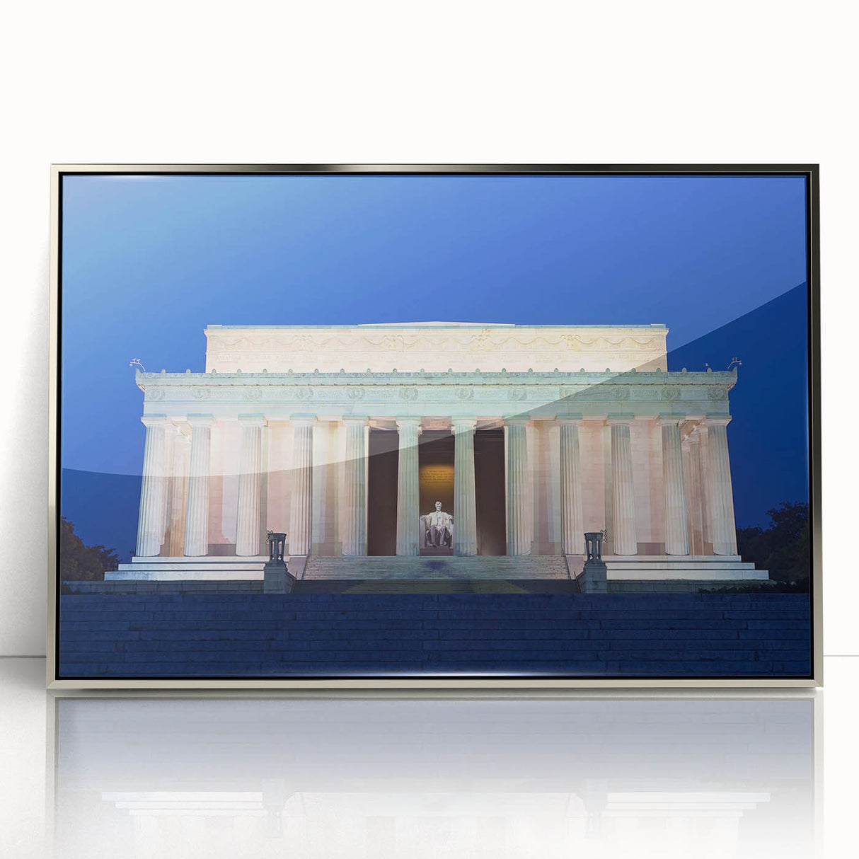 Mid-century modernist art of Lincoln Memorial in muted colors on acrylic print, suitable for modern art wall decor.