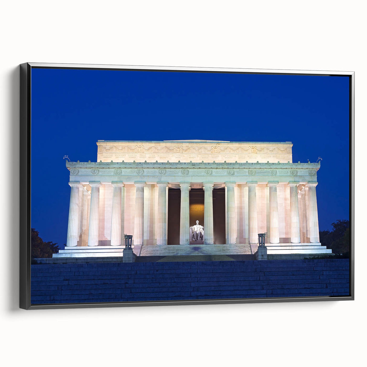 Black and white framed canvas of the Lincoln Memorial, ideal for bedroom wall decor in vintage poster art style.
