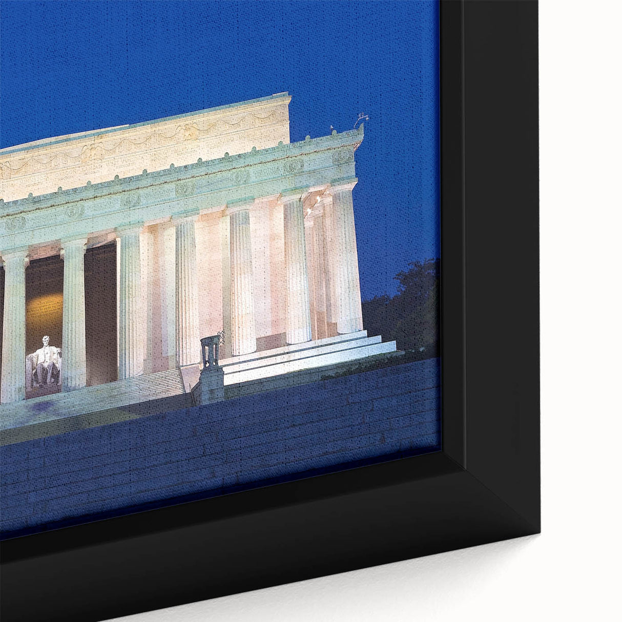Framed canvas depicting a textured black wall art of Washington DC's Lincoln Memorial with colorful accents.